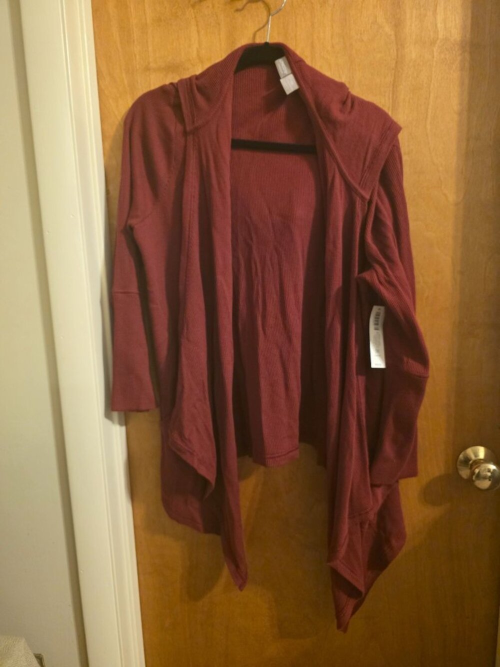 Chicos Zenergy Burgundy Open-Front Hooded Jacket Petite 3P Lightweight Waffle Kn